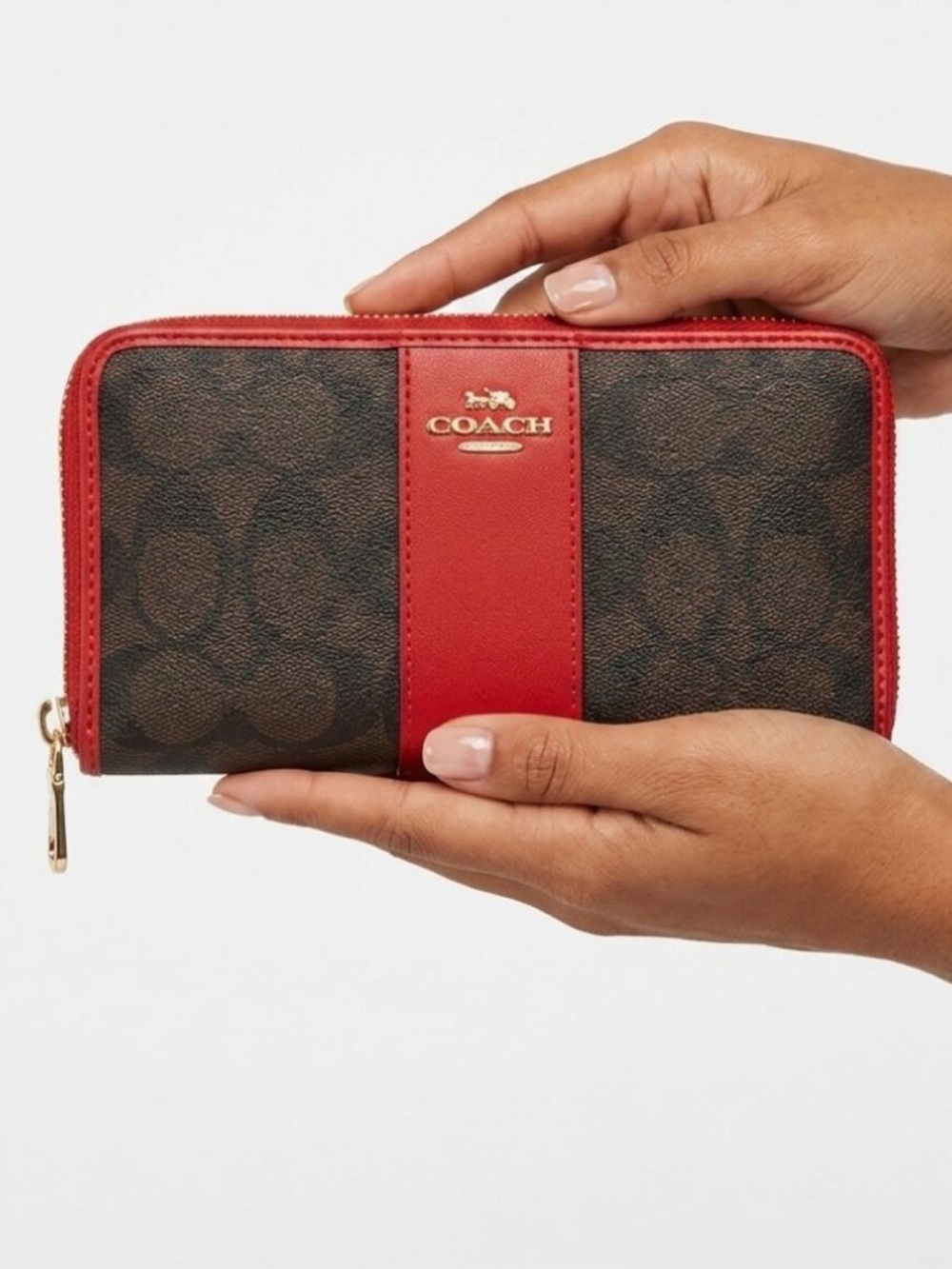 Coach Red/Brawn Signature Accordion Zip Around Wallet